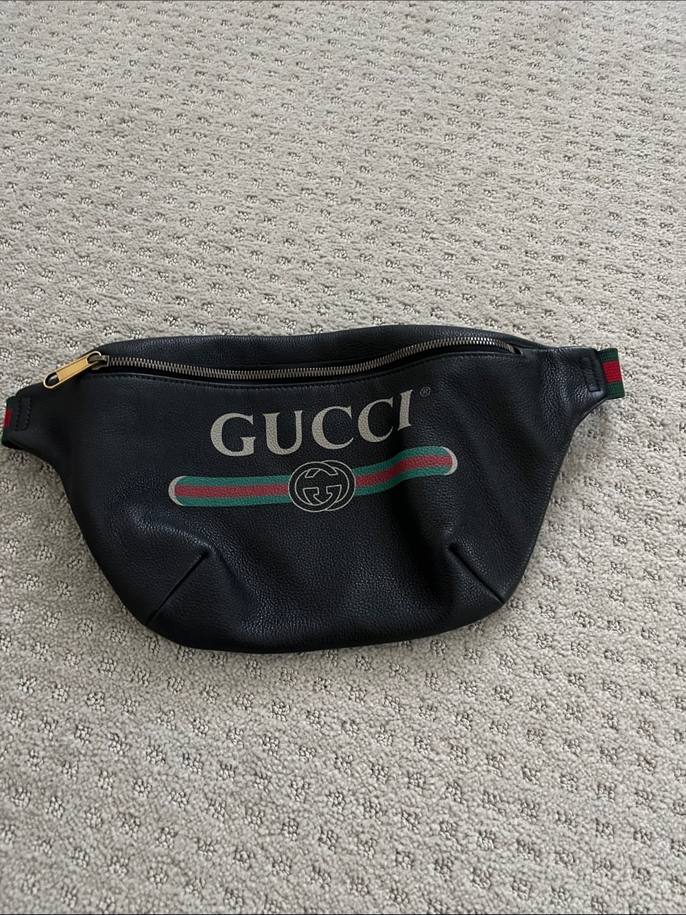 Authentic Gucci Black Leather Belt Bag with Green-Red Web and Gold Hardware